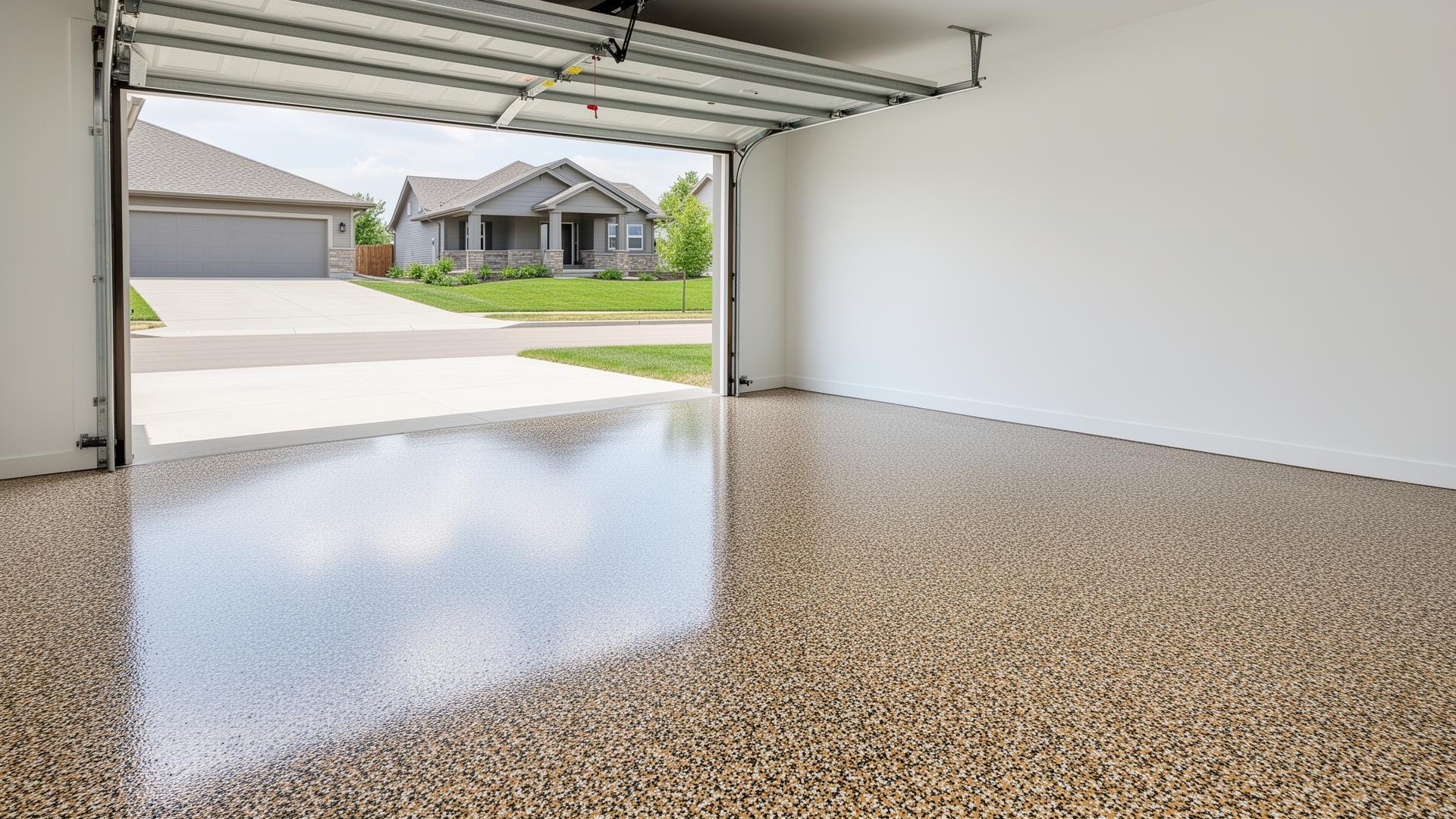 Finished tan and gray epoxy flake garage floor in an Omaha Nebraska home