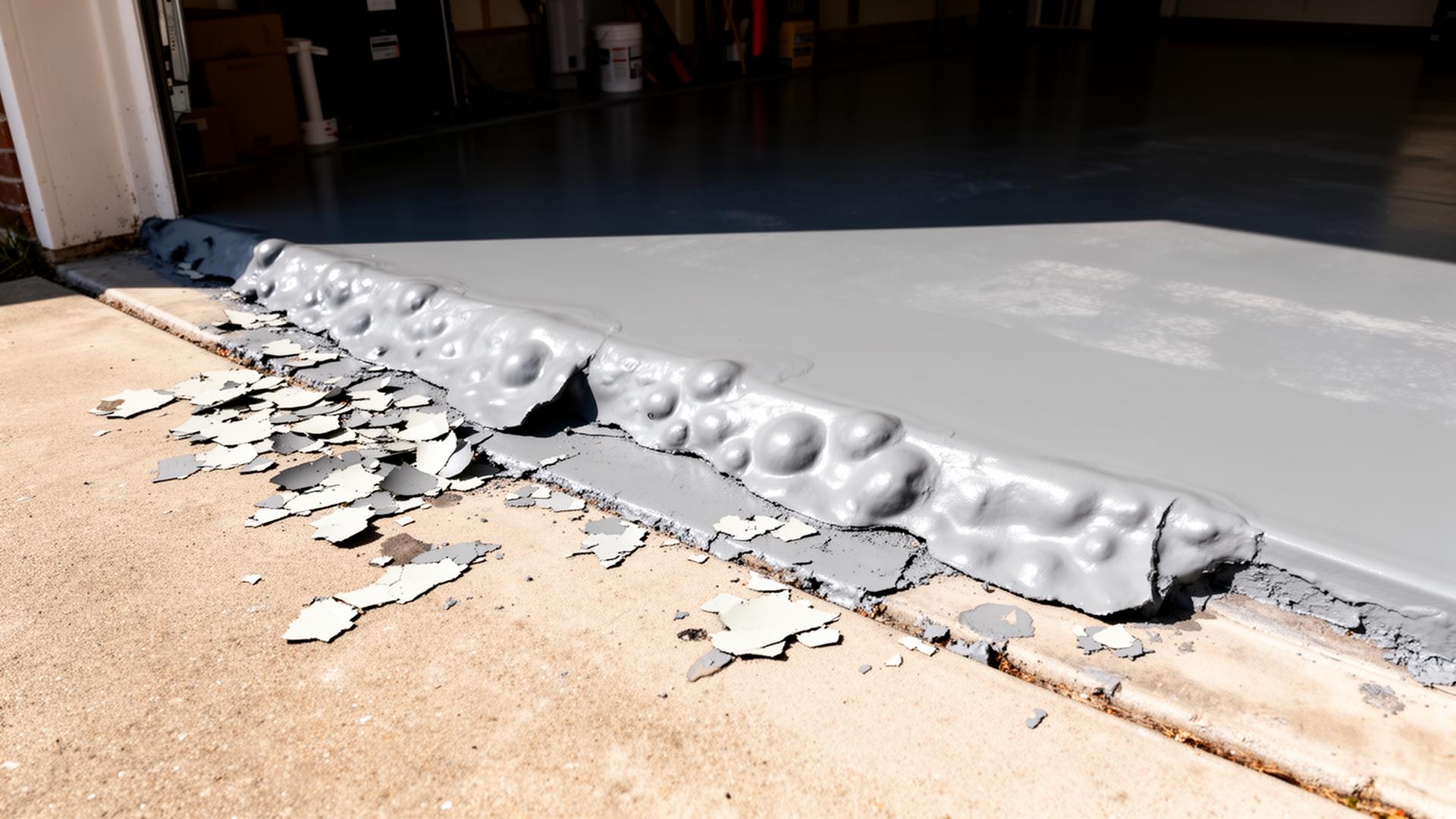 Failed gray epoxy garage floor coating peeling and bubbling near the door threshold