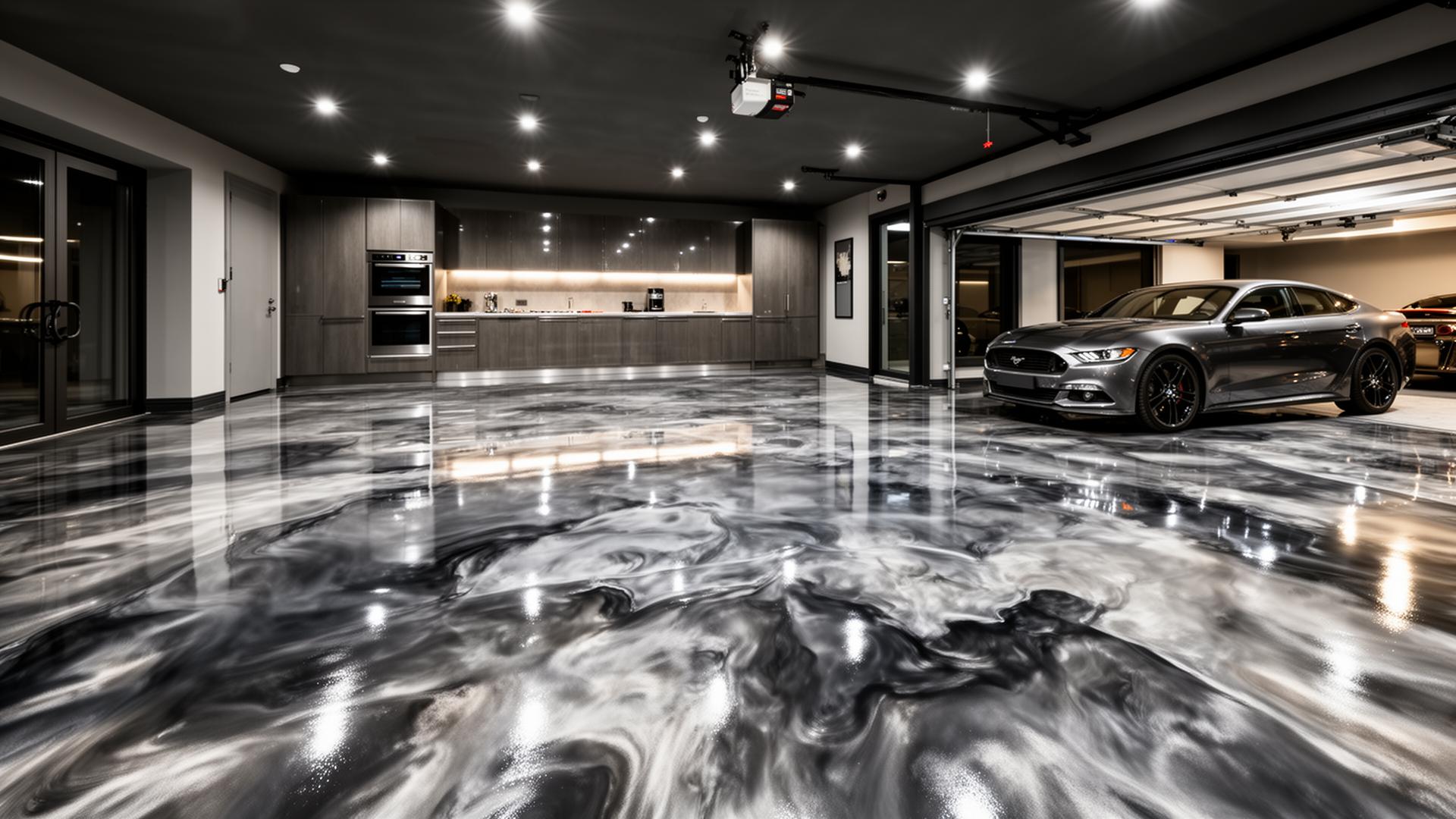Stunning metallic epoxy floor in a luxury garage